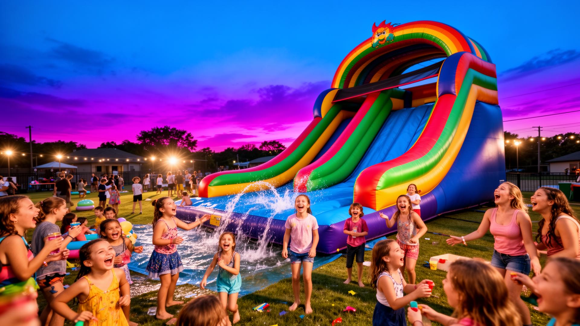 Eastern Kentucky party with inflatable water slide and bounce houses at dusk